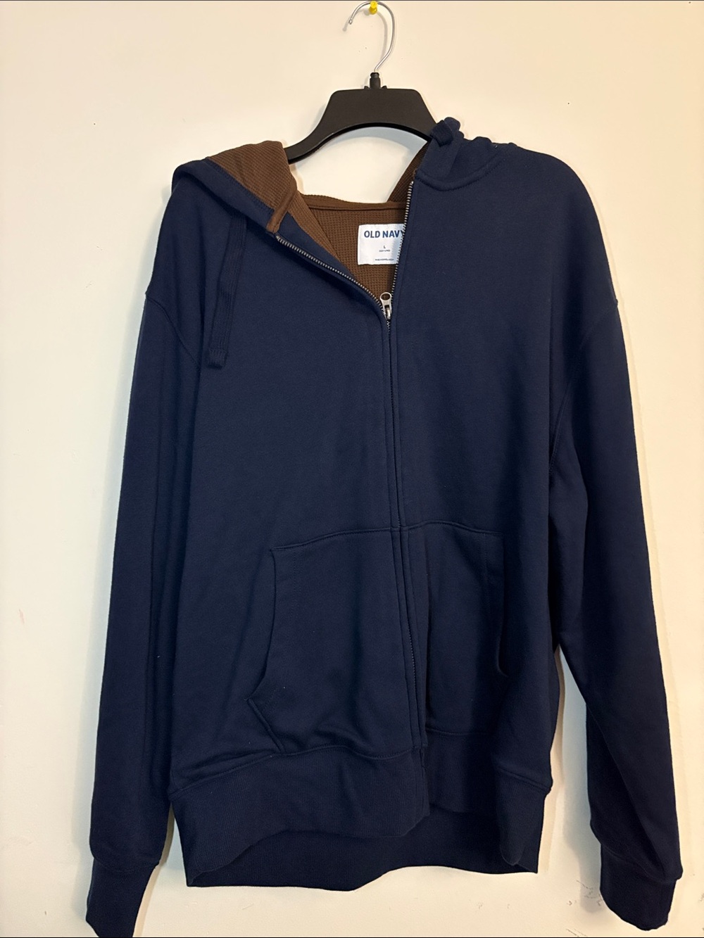 Old Navy Men's Navy Zip-Up Hoodie with Brown Hood Lining